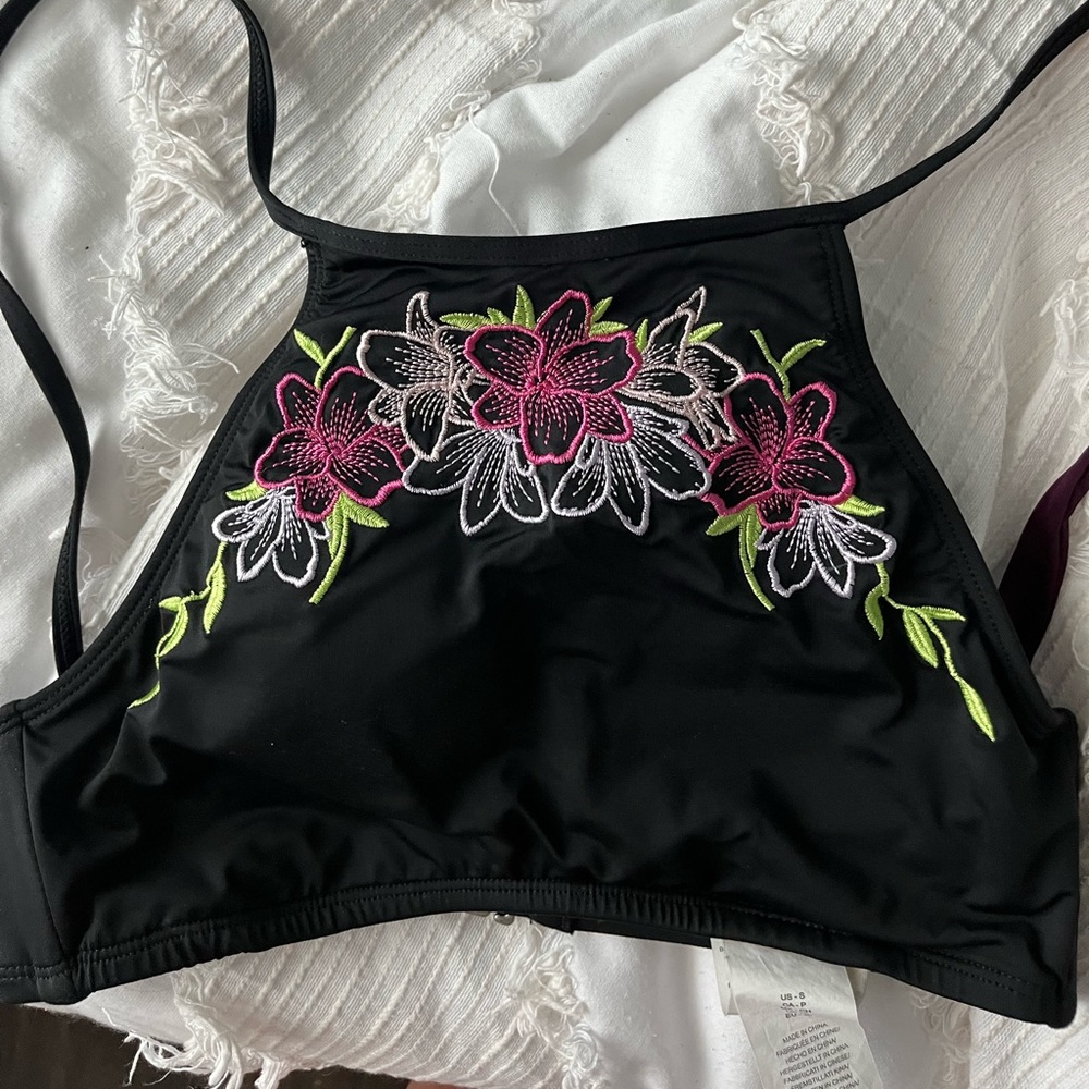 Black floral halter bikini top